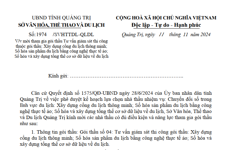 Mời tham gia gói thầu Tư vấn giám sát thi công thuộc gói thầu: Xây dựng cổng du lịch thông minh;...