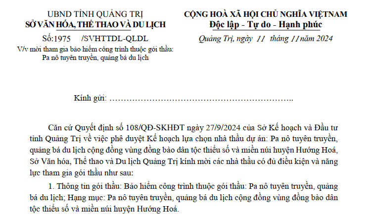 Mời tham gia bảo hiểm công trình thuộc gói thầu: Pa nô tuyên truyền, quảng bá du lịch