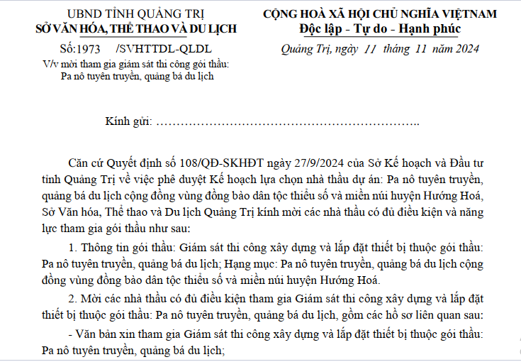 Mời tham gia giám sát thi công gói thầu: Pa nô tuyên truyền, quảng bá du lịch