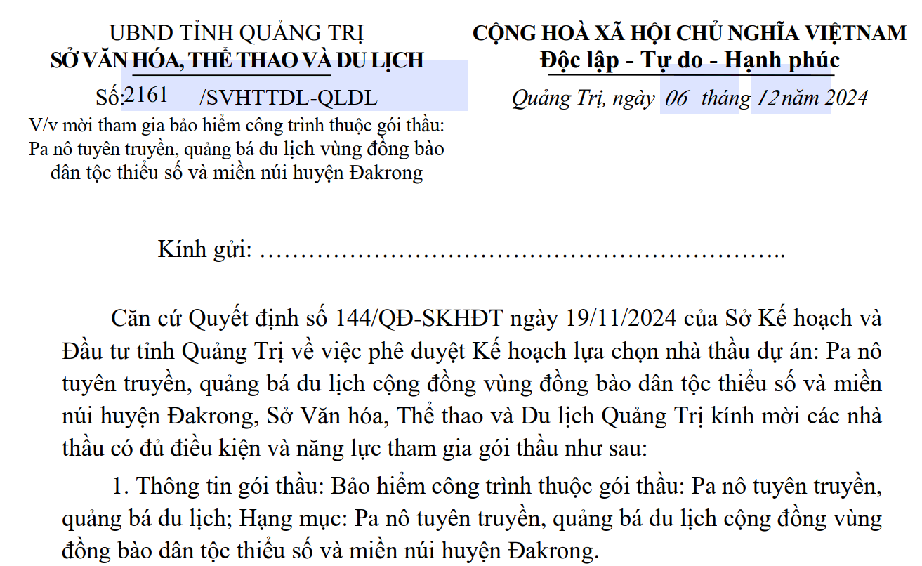 Mời tham gia bảo hiểm công trình thuộc gói thầu: Pa nô tuyên truyền, quảng bá du lịch vùng đồng...